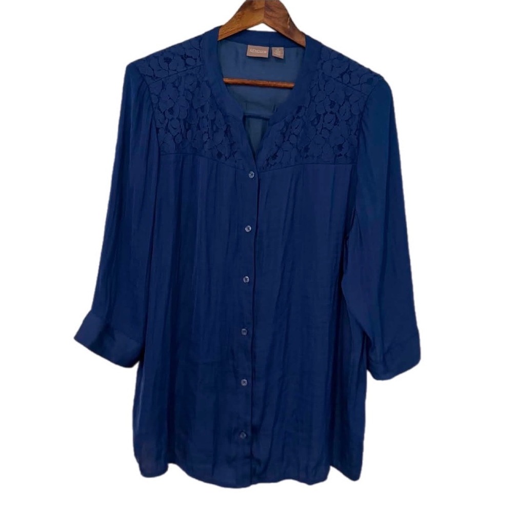 Chico's Blouse Women Size 3 Blue Excellent Lace Yoke Button Front 3/4 Sleeve